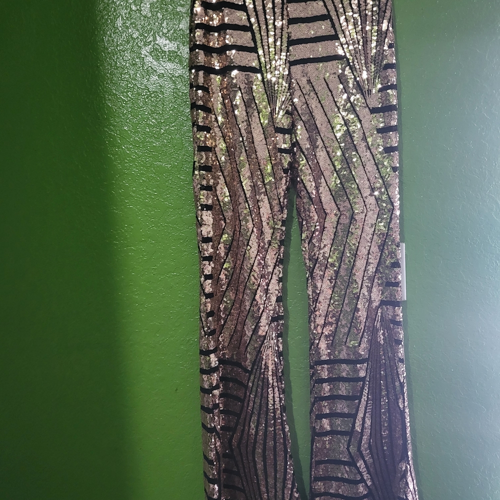 Womens High Waisted Sequin Geometric Flared Pants
